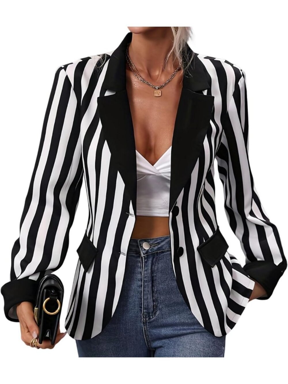 Chic Black & White Striped Blazer | Long Sleeve, Single-Breasted, Office Jacket
